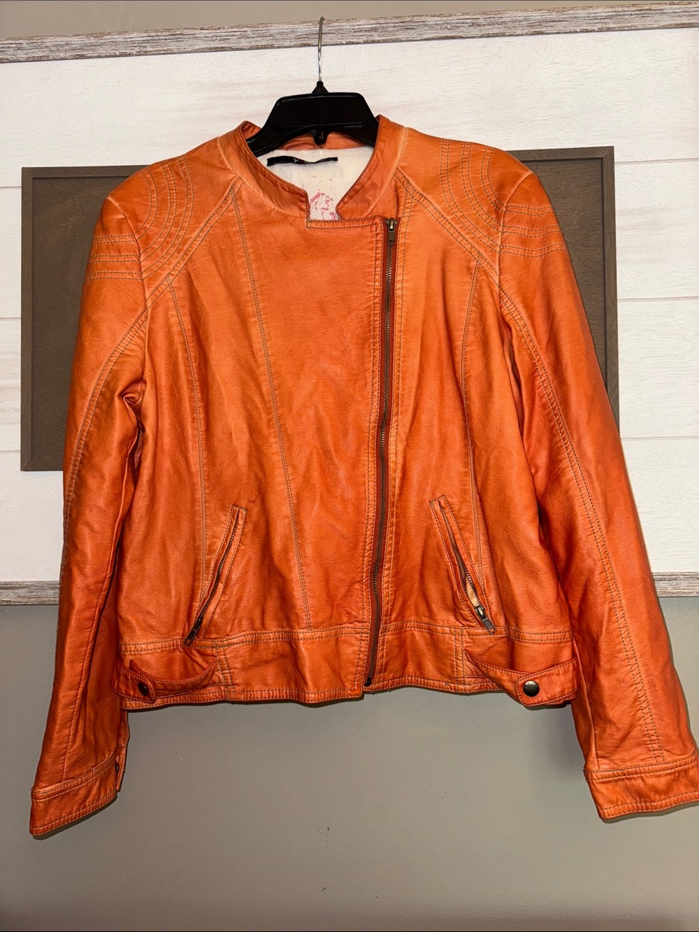 Yest orange faux leather biker jacket, made from soft polyurethane.  Size L